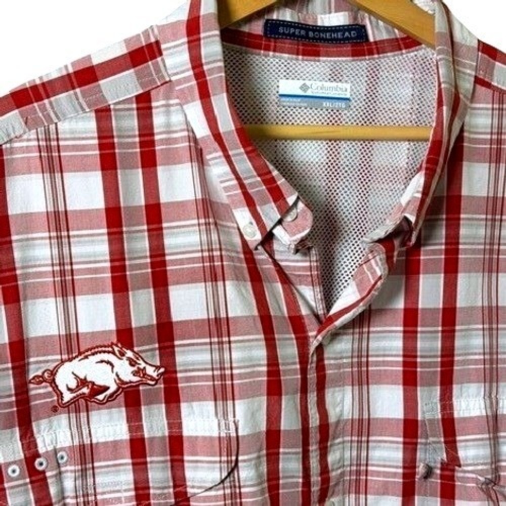 Columbia Arkansas Razorbacks Shirt Mens 2XL Red Plaid Super Bonehead PFG LS